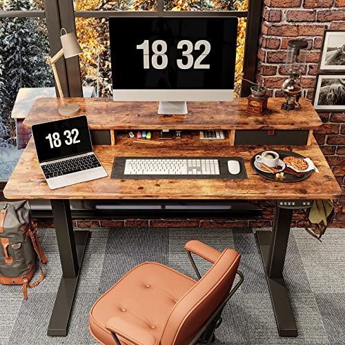 FEZIBO 48 x 24 Inch Height Adjustable Electric Standing Desk with Double Drawer, Stand Up Table with Storage Shelf, Sit Stand Desk, Rustic Brown