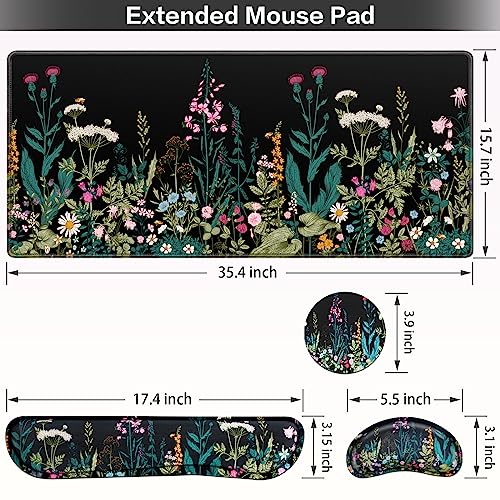 Desk Mat, Large Gaming Mouse Pad with Wrist Rest, 4in1 XXL Mousepad+Keyboard Wrist Rest+Mouse Pad Wrist Support+Cup Coaster Set Ergonomic Floral Computer Desk Arm Wrist for Decor Home Office Women