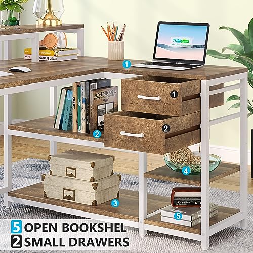 Tribesigns L Shaped Desk with Drawers and Monitor Stand, L Corner Desk with Storage Shelves, Beige Wooden PC Table for Samll Home Office