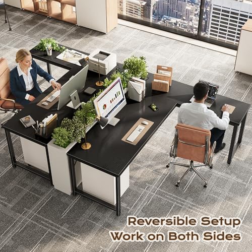 Huuger 63 Inch L Shaped Desk with Power Outlets and USB-C Port, Reversible Computer Desk, Larger Office Corner Gaming Desk, 0.95 Inch Thicker Desktop, Metal Frame, for Home Office, Study, Black