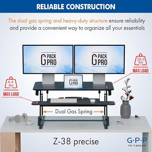 G-PACK PRO 38″ Wide Standing Desk Converter – Sit-to-Stand Workstation for Dual Monitors, Height Adjustable Up to 17.3″ with Large Keyboard Tray – Black