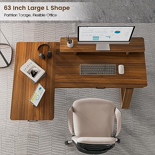 EUREKA ERGONOMIC L Shaped Desk 63", Solid Walnut Wood Top, Executive Standing Desk Adjustable Height, Dual Motor Corner Workstation with Drawers & Monitor Shelf for Home Office, Left
