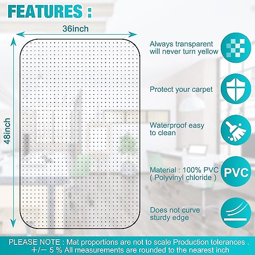 Office Chair Mat for Carpets, 48"x 36" Heavy Duty Clear Plastic Floor Protector, Non-Slip Computer Desk Chair Mat for Low Pile Carpeted Floors, Smooth Rolling Carpet Chair Mat for Home Office
