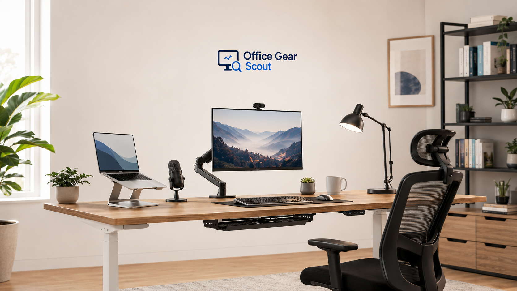 Modern home office workspace with standing desk, ergonomic chair, monitor, keyboard, desk lamp, and organized office gear in a clean minimalist setting
